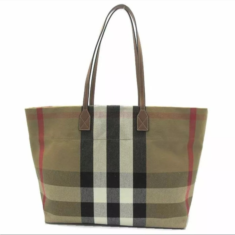 Authentic Burberry 8084047 Taupe Brown Bag Tote London Cotton Plaid Shoulder - Picture 3 of 9